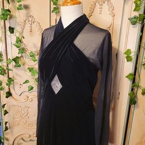 Women's Black Velvet Maxi Dress with Sheer Sleeves